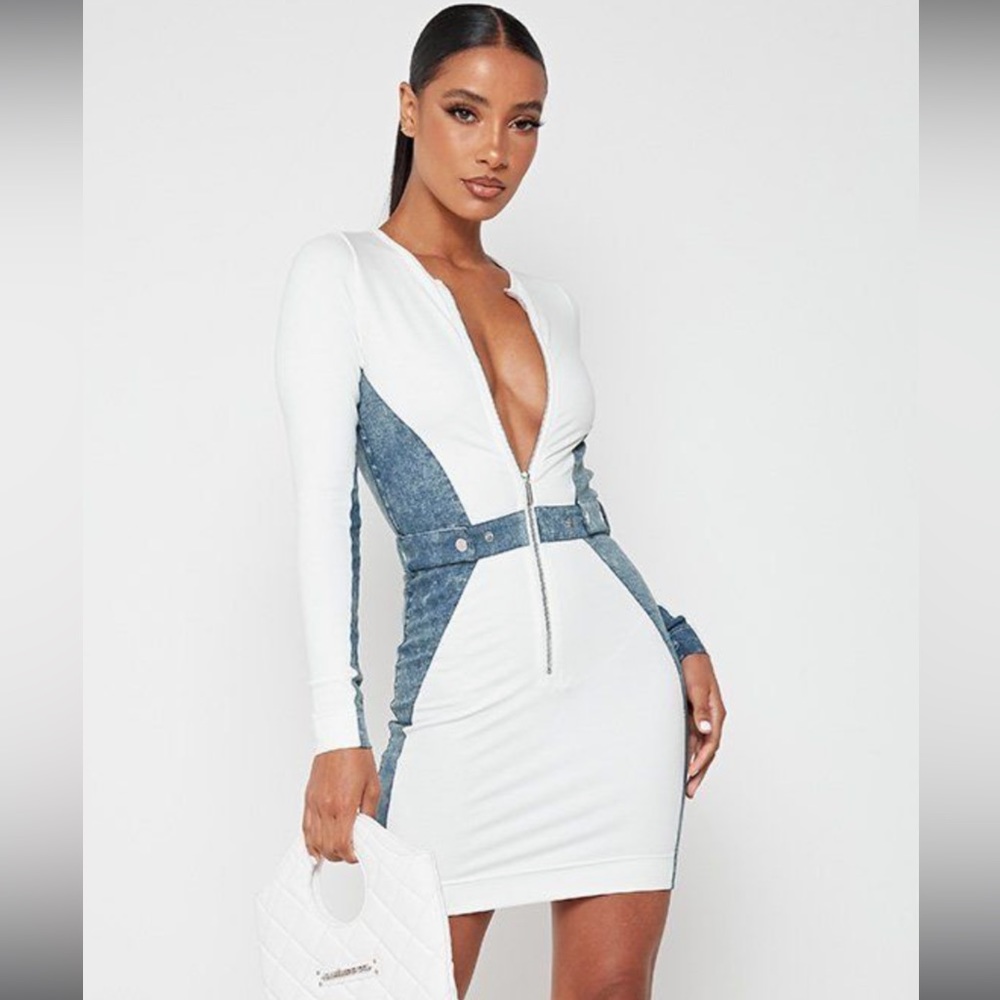 White and blue zip up bodycon dress from maniere devoir.